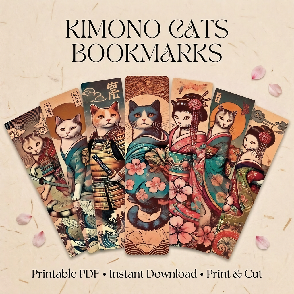 21 Kimono Cats Bookmarks: Japanese Ukiyoe Art (Printable)