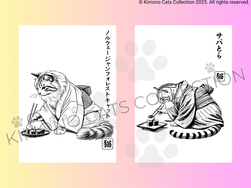 Two illustrations of cats in kimono on a gradient background with 'Kimono Cats Collection' branding.