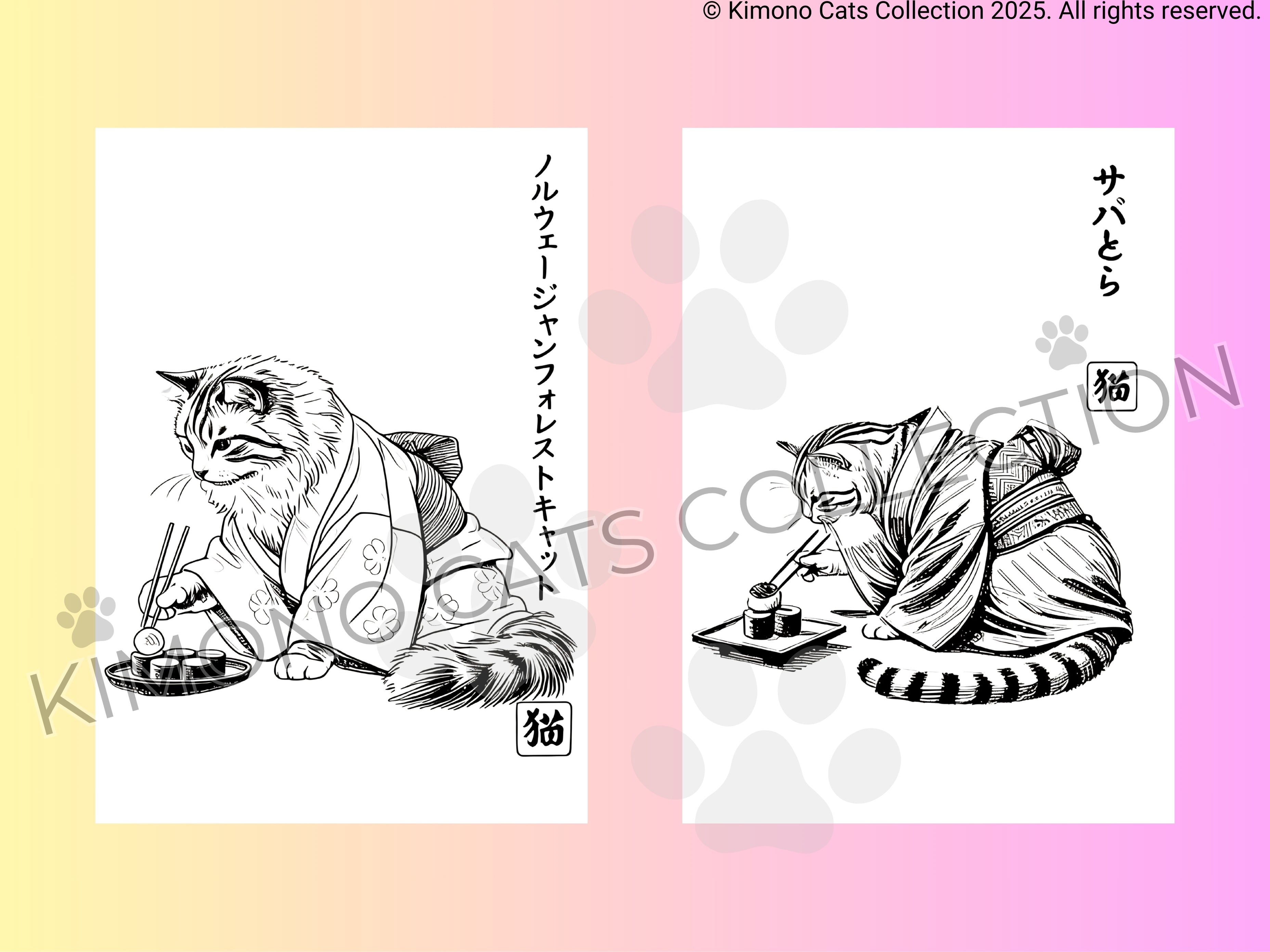 Two illustrations of cats in kimono on a gradient background with 'Kimono Cats Collection' branding.