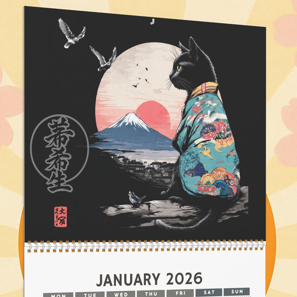 Calendar for January 2026 with a Japanese-themed design on a decorative background with cherry blossoms.