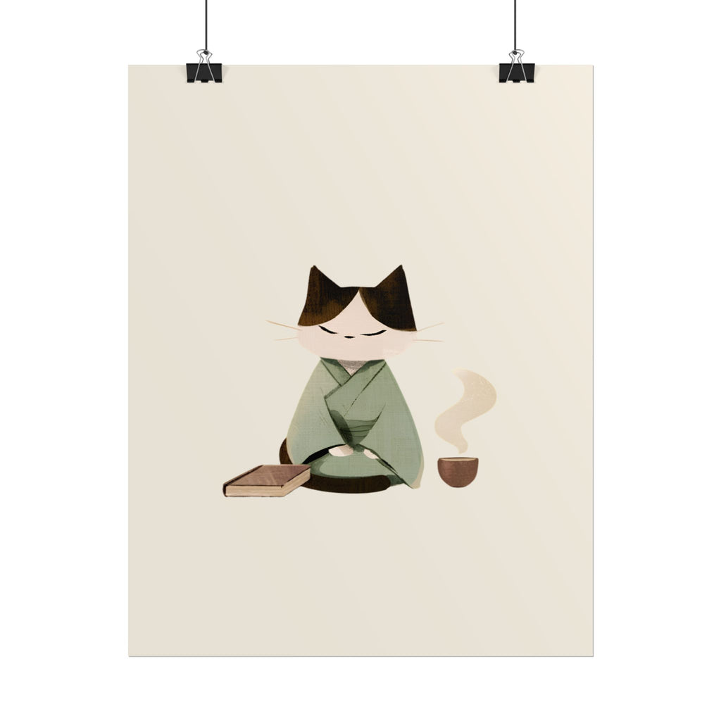 Zen Cat Tea Poster — Minimalist Rolled Art Print