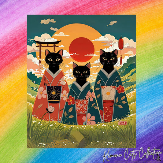 Drei schwarze Katzen in Kimonos – Wandkunst mit aufgehender Sonne 🐾🌅