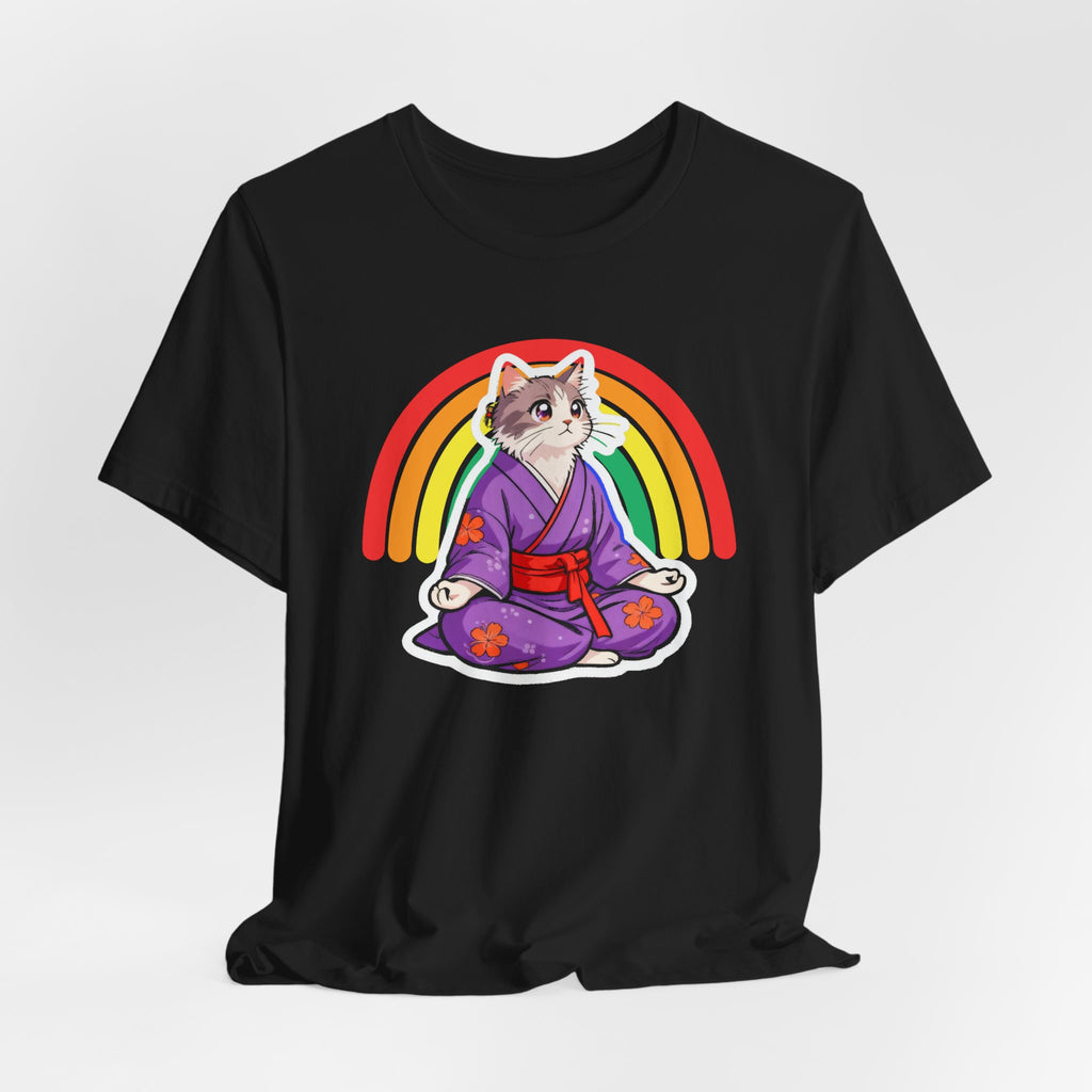 Rainbow Zen Cat Tee | Japanese Meditation Neko Kimono Shirt - Kimono Cats Collection
