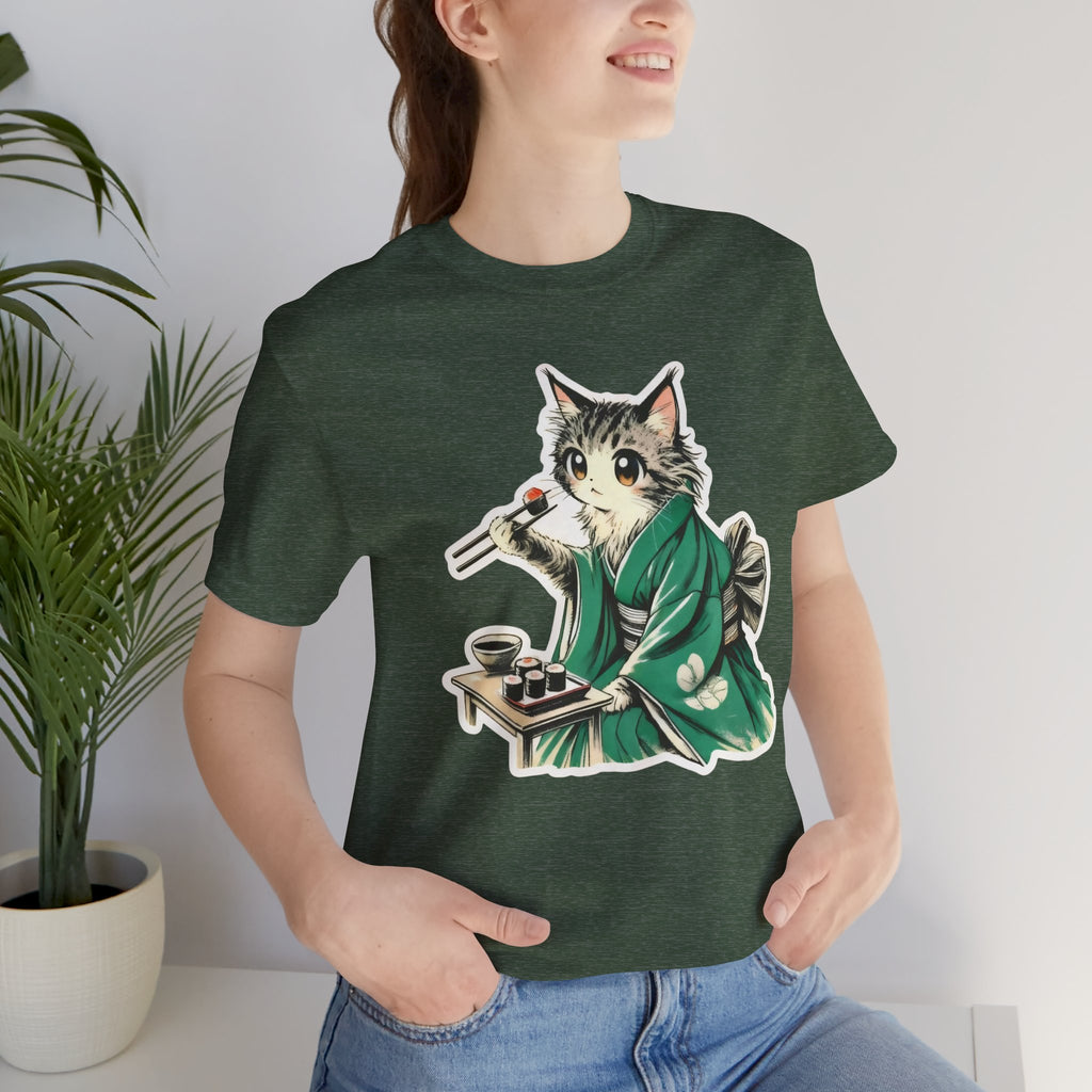 Kat Wearing Kimono Eating Sushi T-Shirt | Cute Japanese Cat Illustration