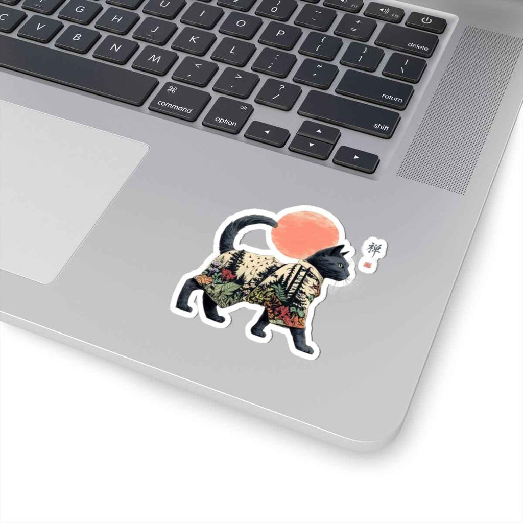 Black Cat with Forest Pattern Sticker | Kiss-Cut Vinyl Sticker