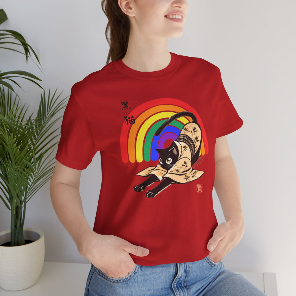 Rainbow Kuro Neko T-Shirt | Yoga Cat Shirt in Black Cat Kimono Design - Kimono Cats Collection