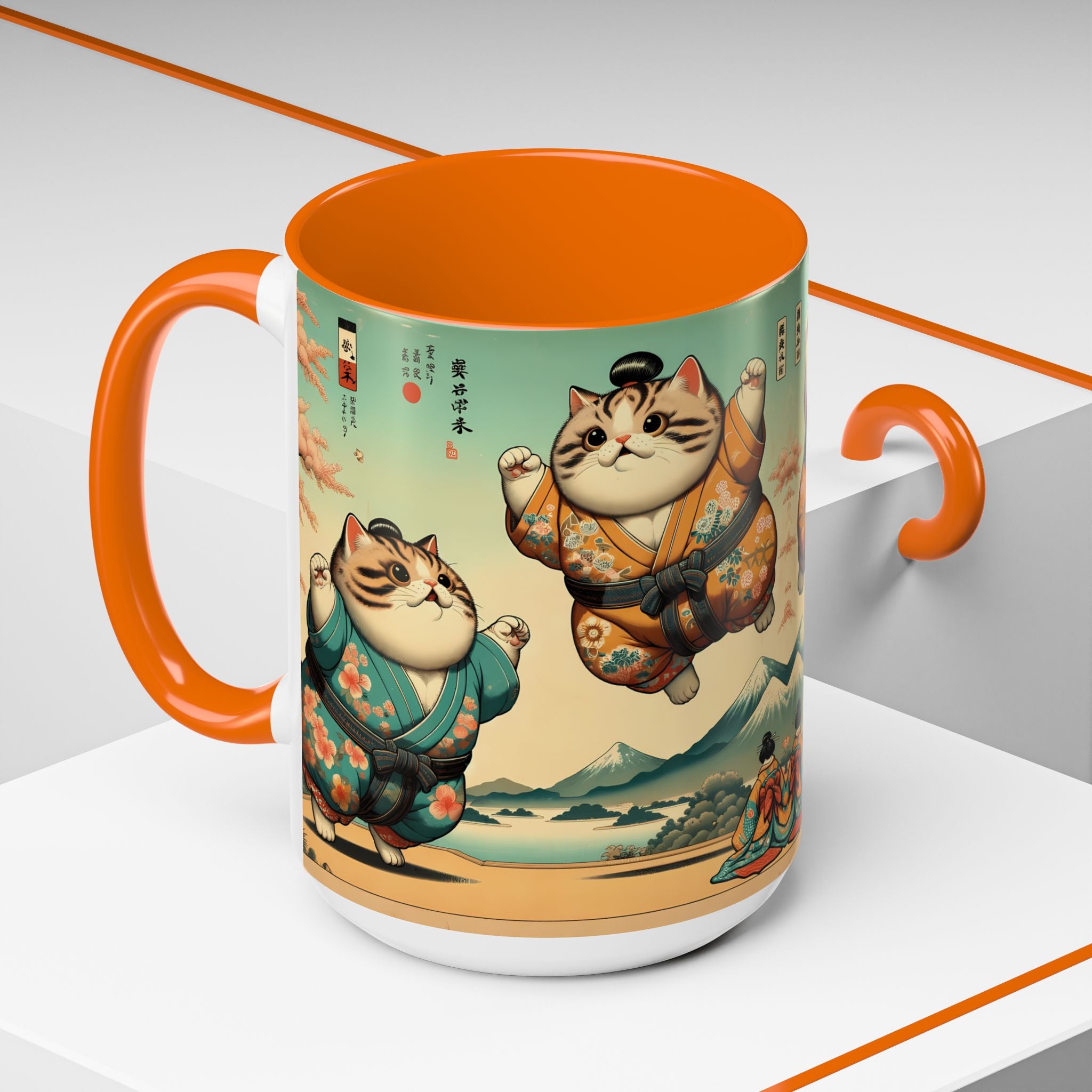 Sumo Cats Mug with Japanese Cherry Blossoms Design - Kimono Cats Collection