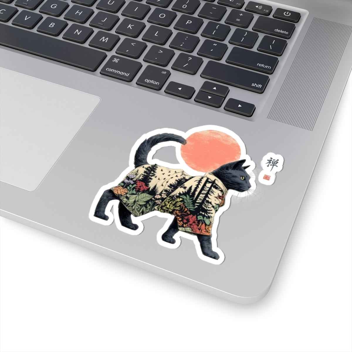 Black Cat with Forest Pattern Sticker | Kiss-Cut Vinyl Sticker