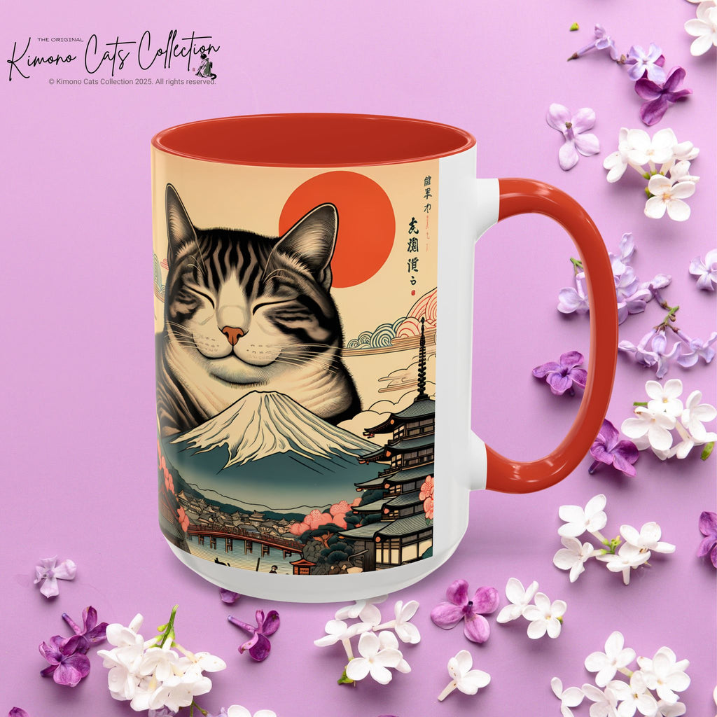 Japanese Fuji Cat Mug - Ukiyo-e Style Gift for Cat Lovers, Pet Mom Coffee Cup, Sleepy Neko Art Design