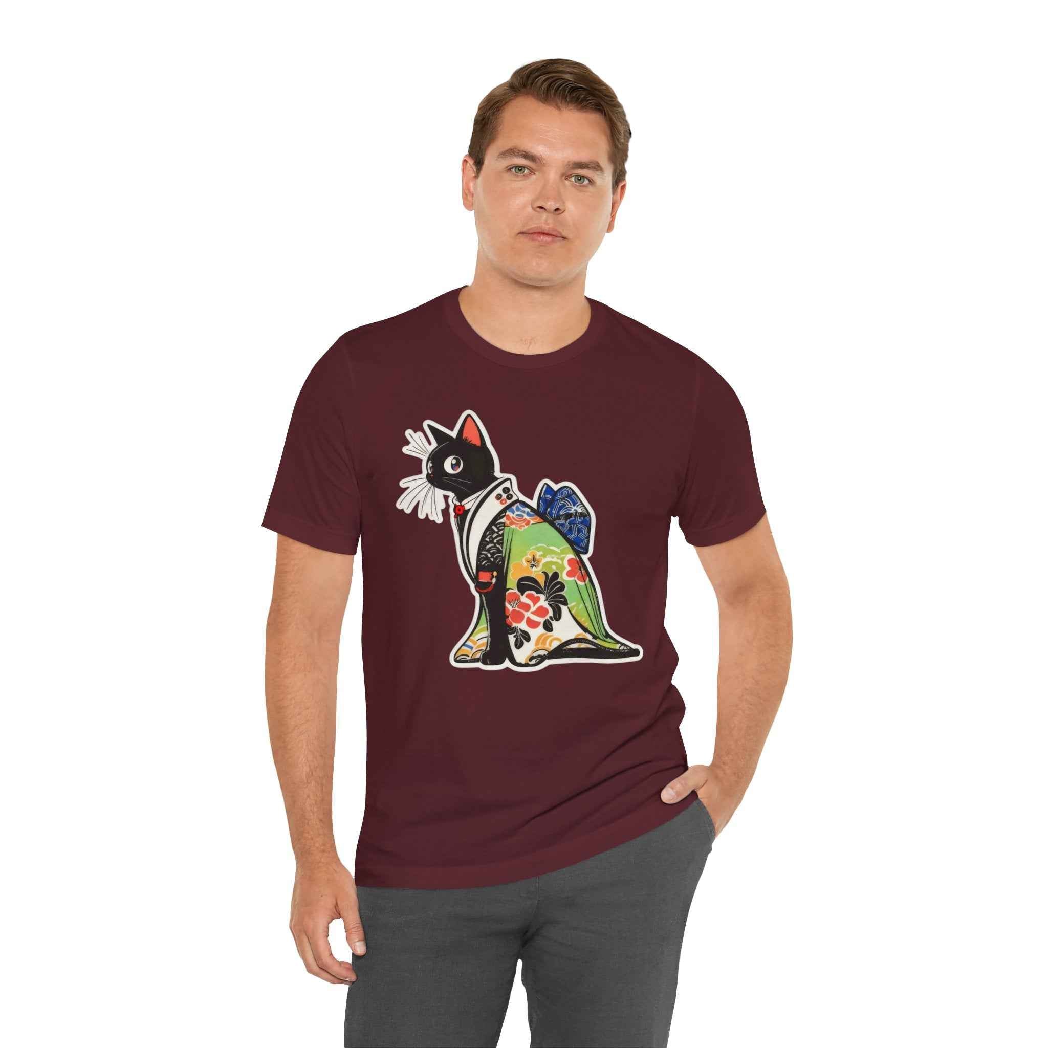 Cat Kimono T‑Shirt — Japanese Floral Black Cat Graphic Tee