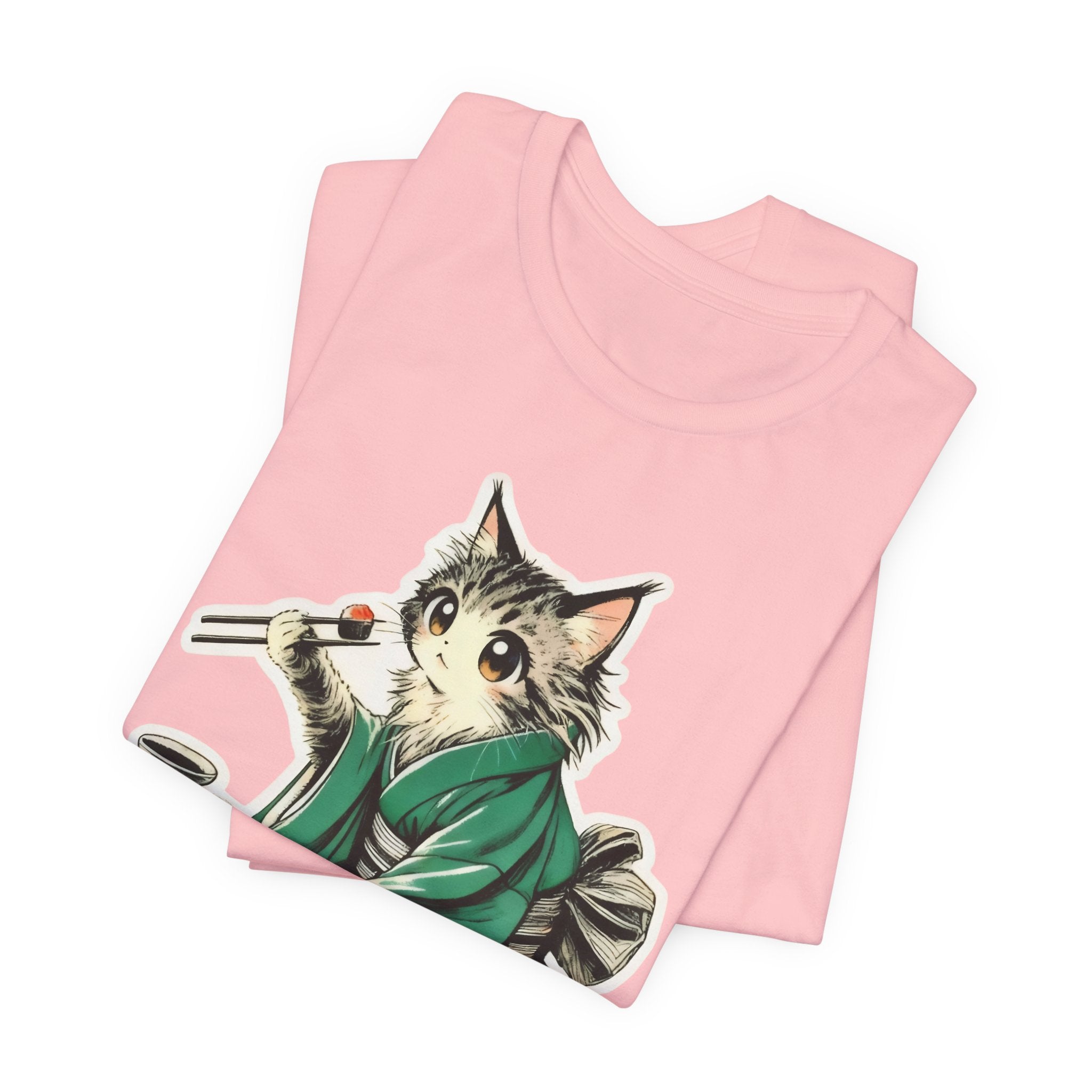 Kat Wearing Kimono Eating Sushi T-Shirt | Cute Japanese Cat Illustration