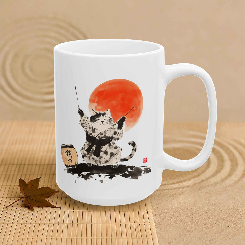 Japanese Sumi-e Taiko Cat & Red Sun Coffee Mug (11oz/15oz)
