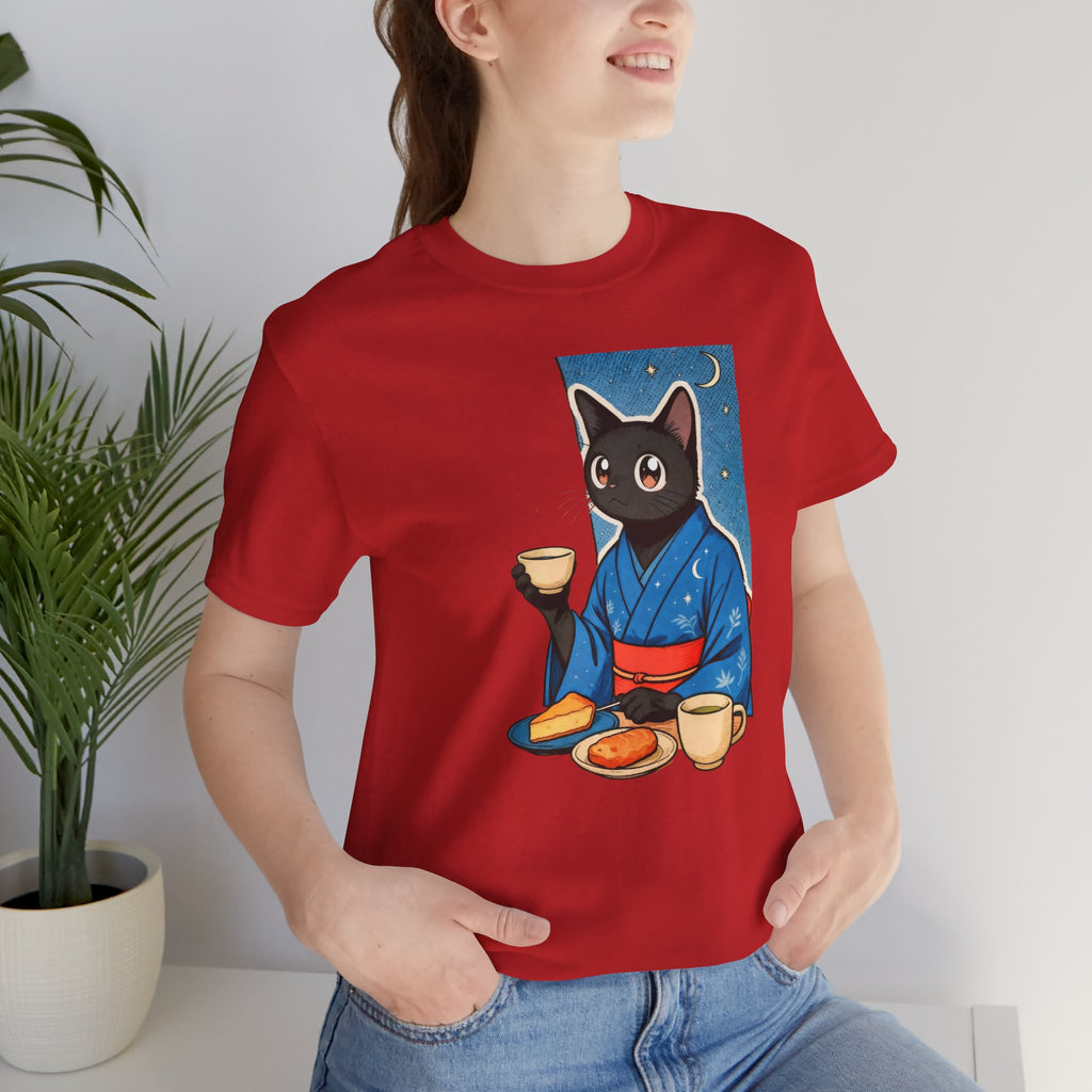 Midnight Tea Cat Shirt - Japanese Kimono Black Cat Tee | Cozy Night Aesthetic