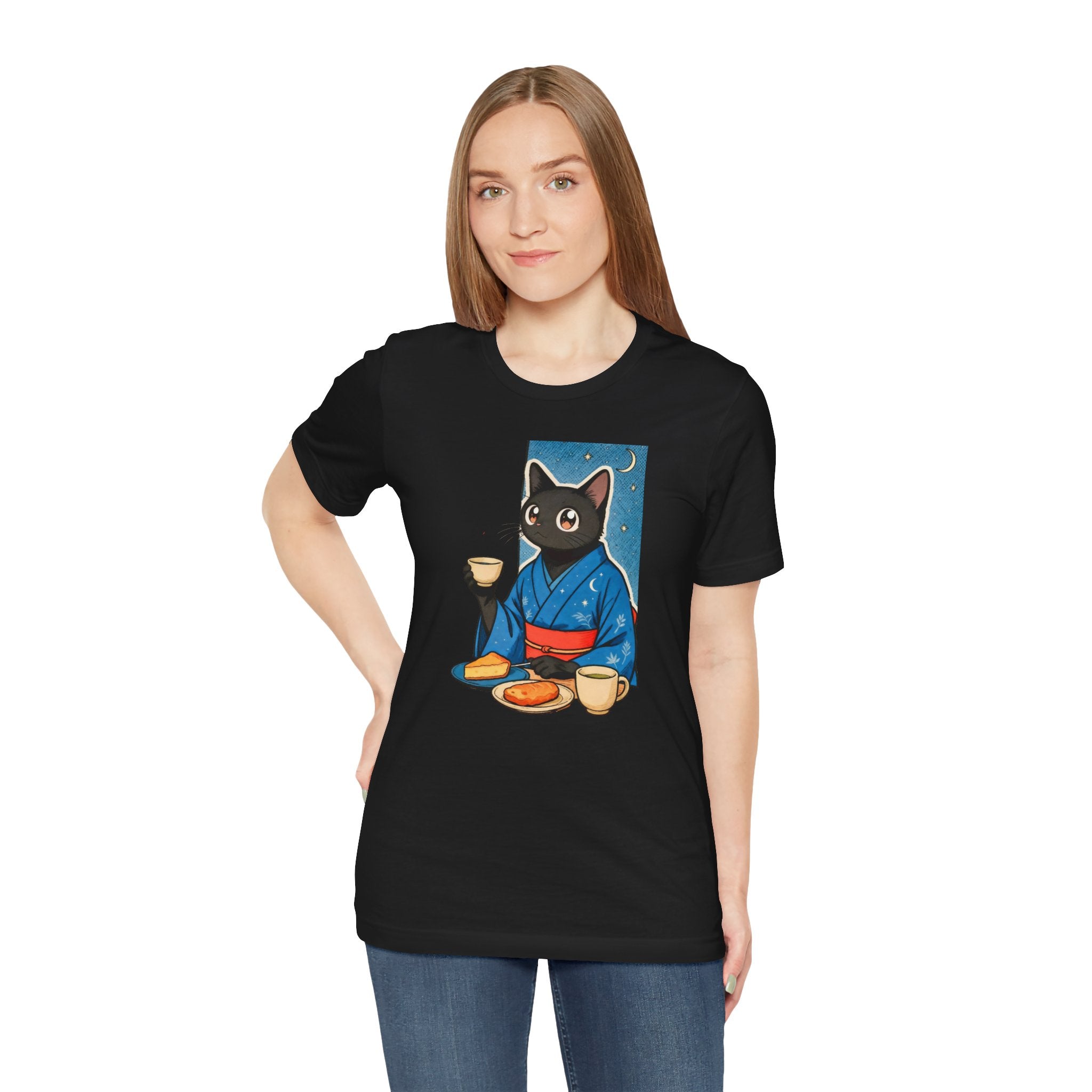 Midnight Tea Cat Shirt - Japanese Kimono Black Cat Tee | Cozy Night Aesthetic
