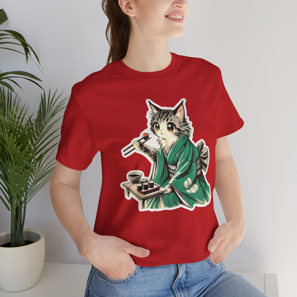 Kat Wearing Kimono Eating Sushi T-Shirt | Cute Japanese Cat Illustration