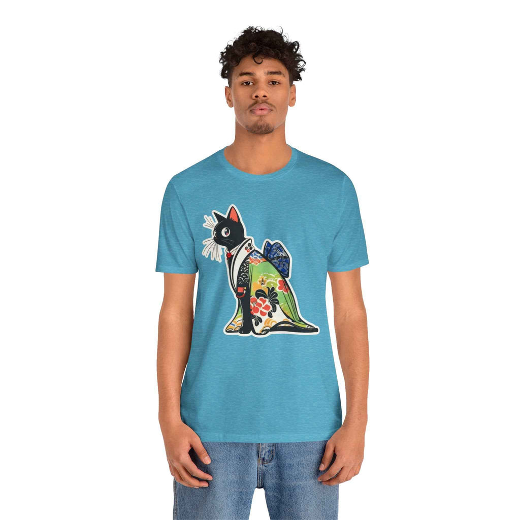 Cat Kimono T‑Shirt — Japanese Floral Black Cat Graphic Tee
