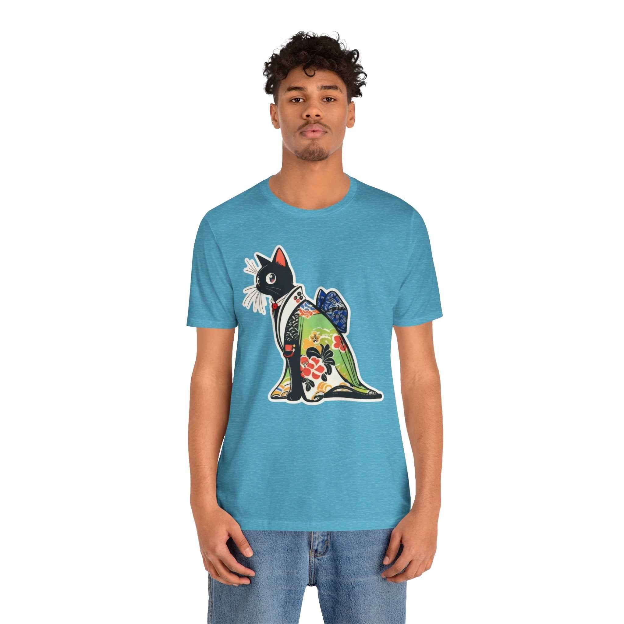 Cat Kimono T‑Shirt — Japanese Floral Black Cat Graphic Tee