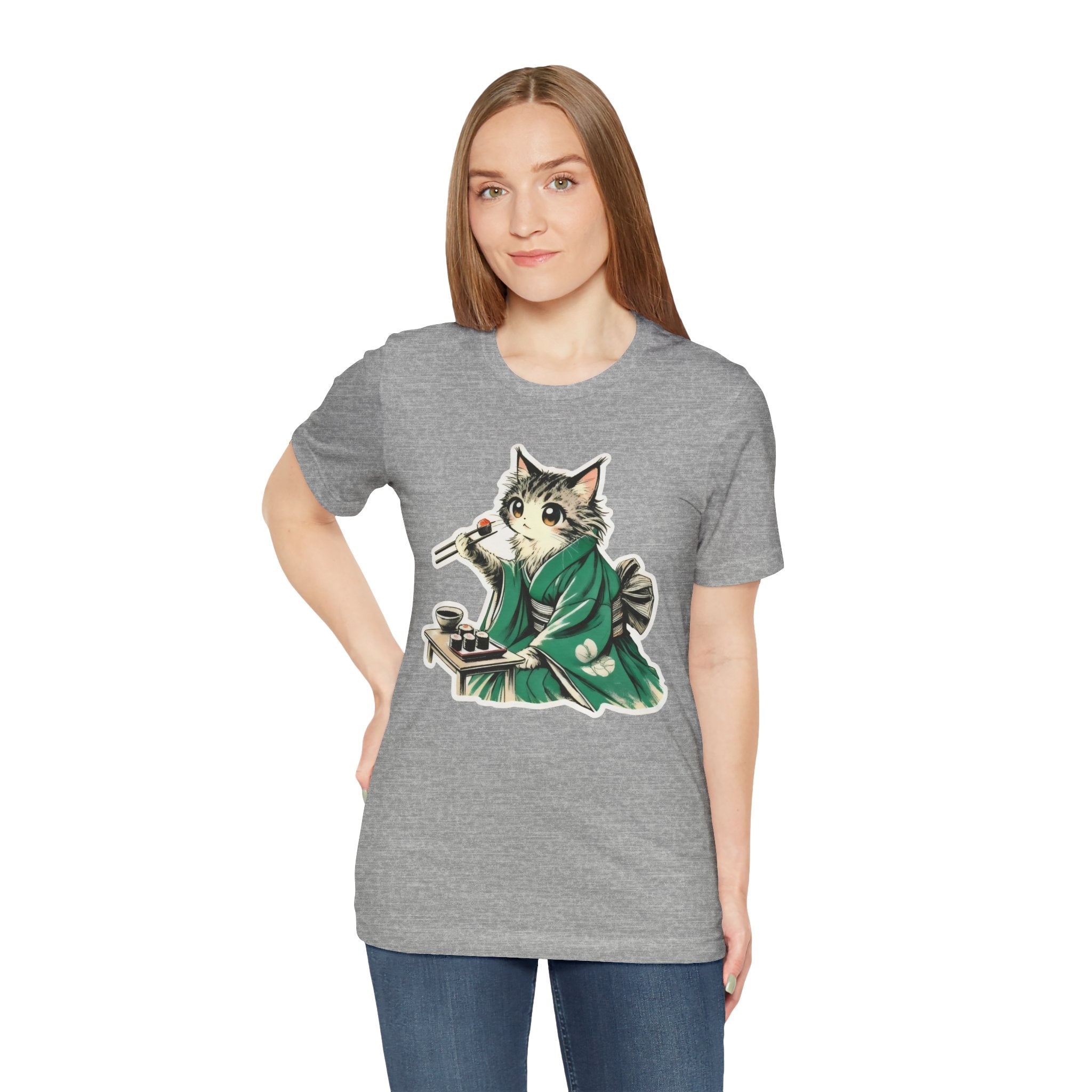 Kat Wearing Kimono Eating Sushi T-Shirt | Cute Japanese Cat Illustration