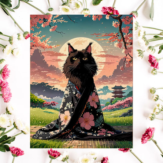 Schwarze Katze im Kimono im Mondlicht – Japanischer Kirschblüten-Kunstdruck 🐾🌸🌙