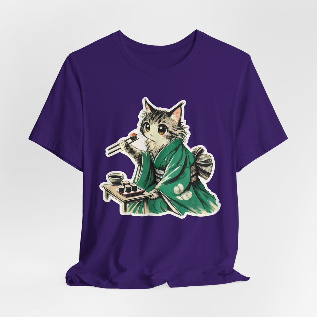 Kat Wearing Kimono Eating Sushi T-Shirt | Cute Japanese Cat Illustration