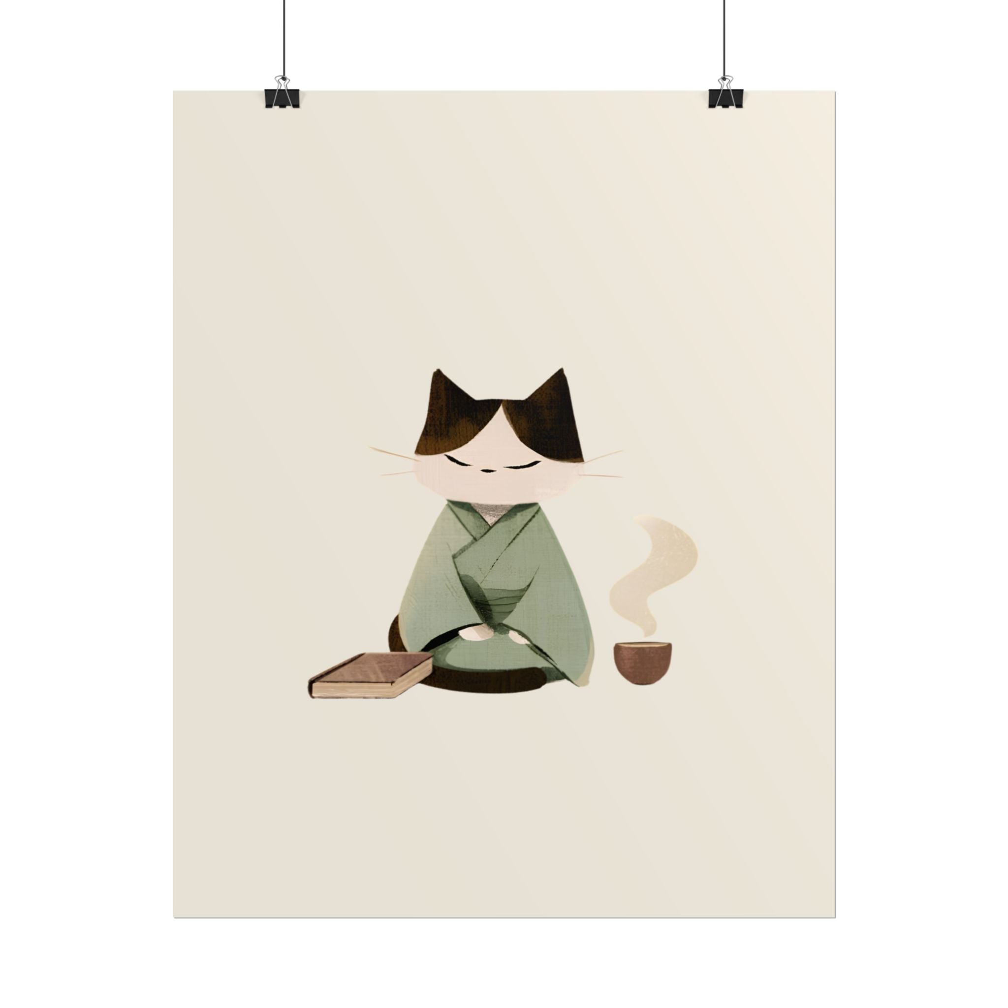 Zen Cat Tea Poster — Minimalist Rolled Art Print