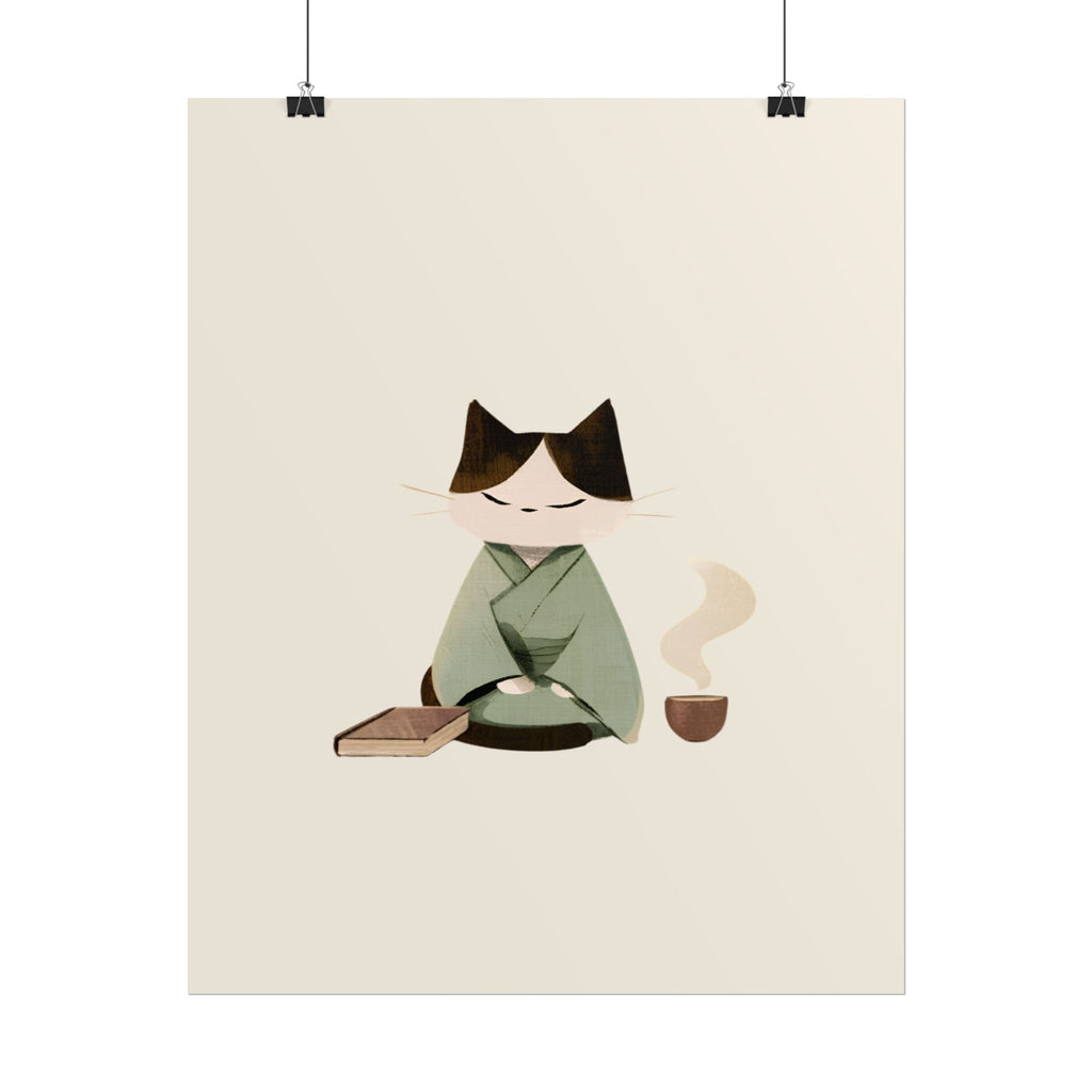 Zen Cat Tea Poster — Minimalist Rolled Art Print