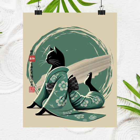 Yoga Schwarze Katze im grünen Kimono - Japanisch inspirierter Kunstdruck, Ruhige Katzenwandkunst, Zen-Wohndekor