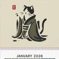 Calendar for January 2026 with a cat illustration on a pink background with flowers