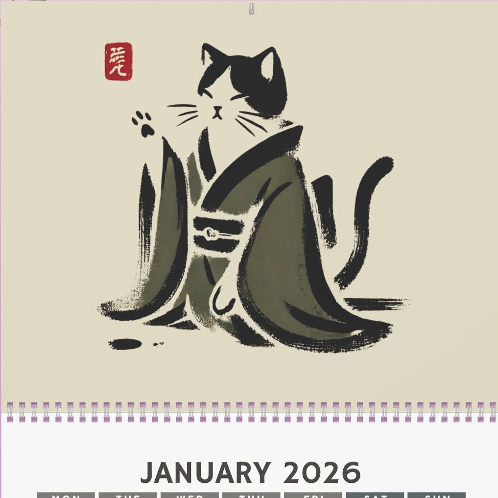 Calendar for January 2026 with a cat illustration on a pink background with flowers