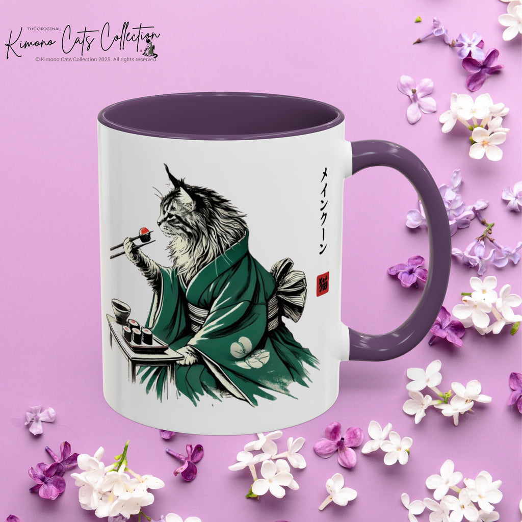 Kimono Cat Coffee Mug, Maine Coon Eating Sushi