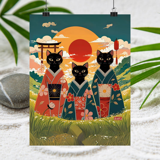 Drei schwarze Katzen in Kimonos – Wandkunst mit aufgehender Sonne 🐾🌅
