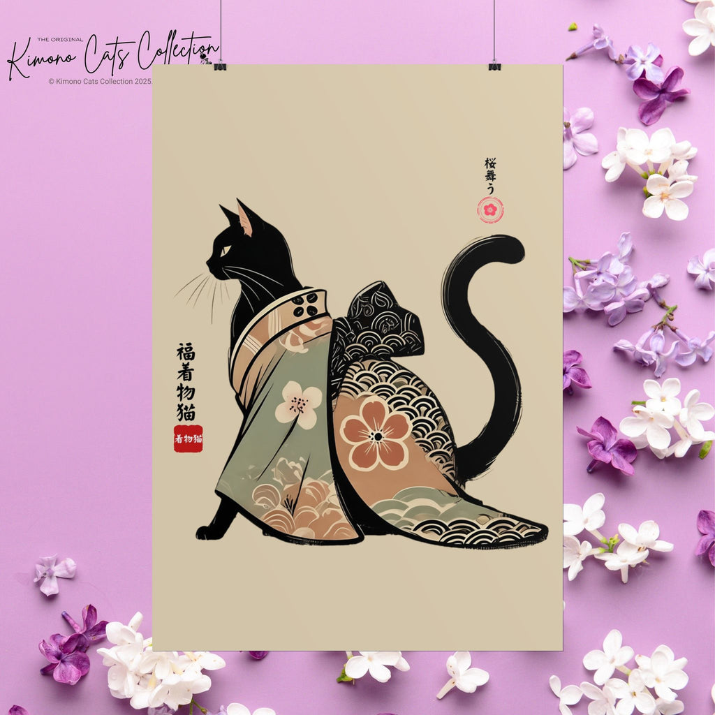 Lucky Kimono Cat Wall Art – 福着物猫 | Japanese Sumi-e Print