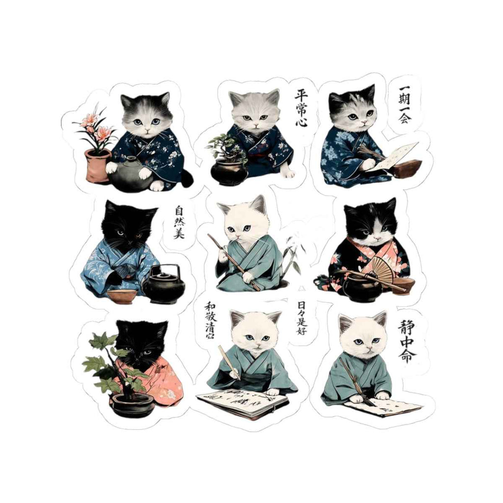 Zen Cat Illustrations Kiss-Cut Stickers for Hobby Cats | Kawaii Japanese Cats