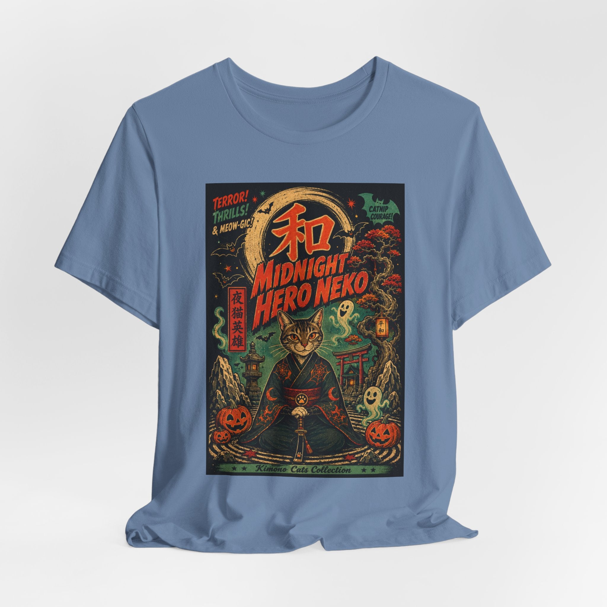 Midnight Hero Neko Tee — Vintage Halloween Cat Graphic T-Shirt