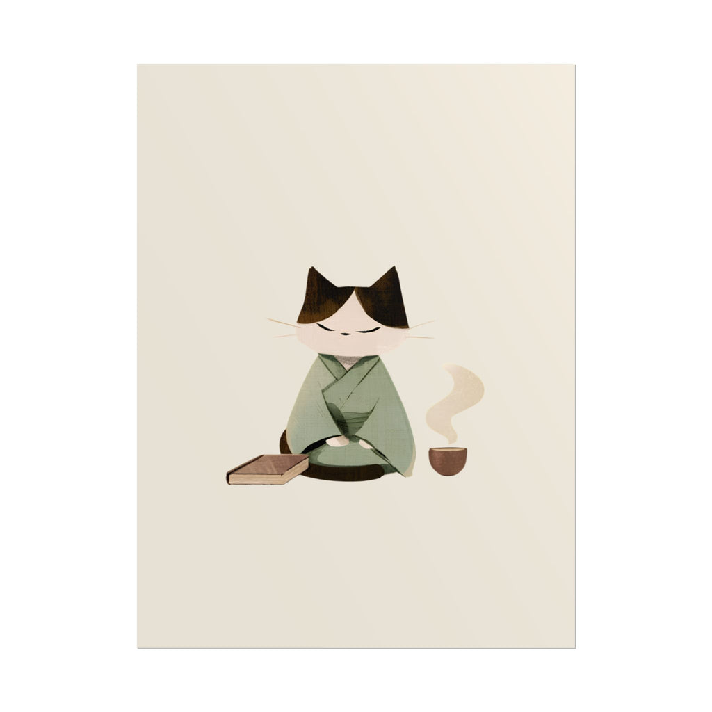 Zen Cat Tea Poster — Minimalist Rolled Art Print