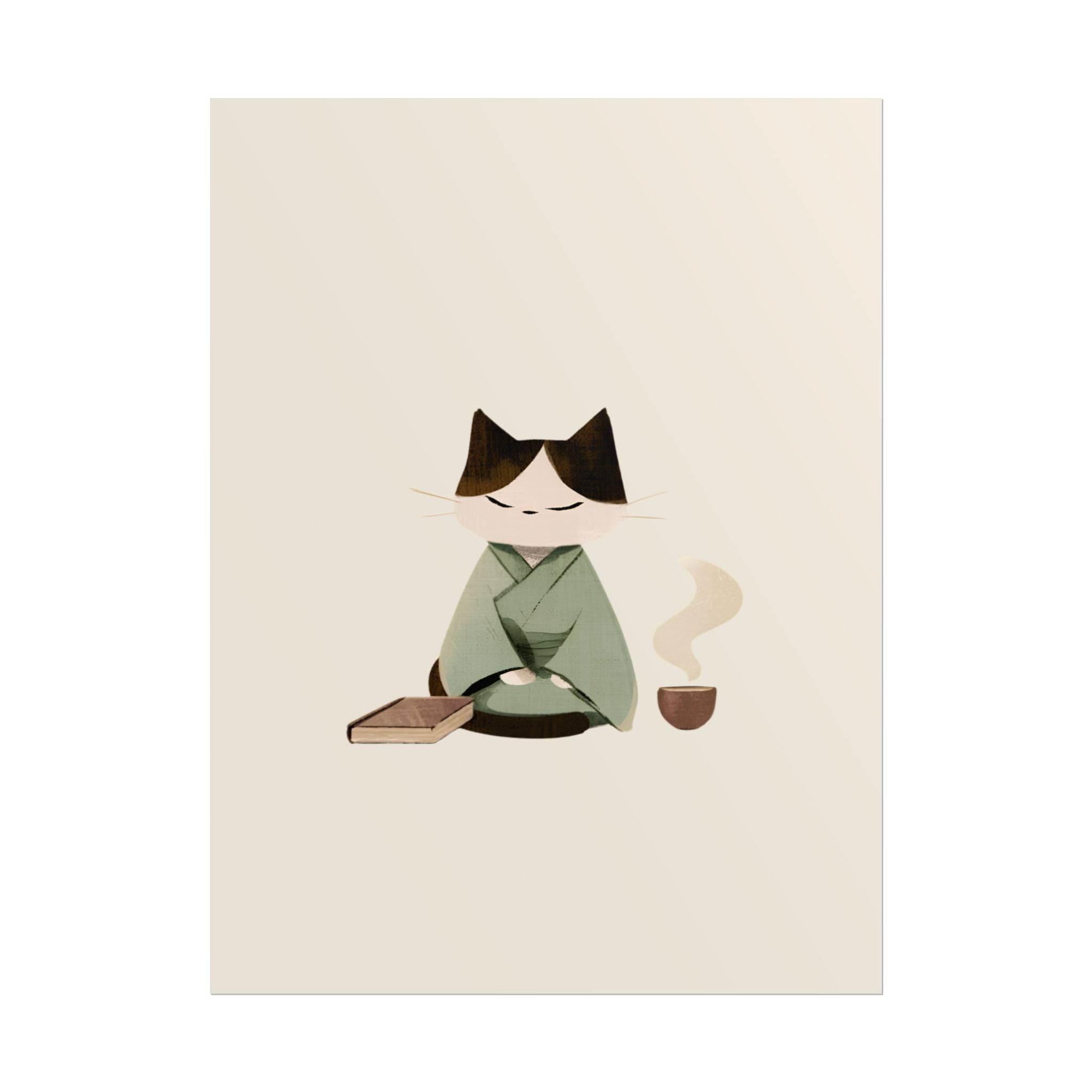 Zen Cat Tea Poster — Minimalist Rolled Art Print
