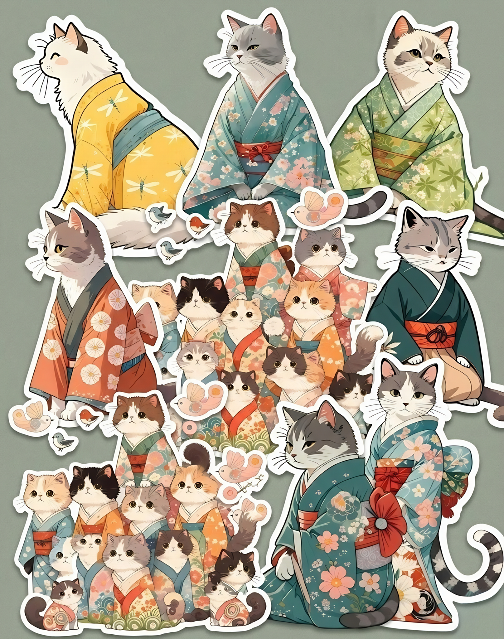 49 Bundle of Kimono Cat Stickers, Japanese Kawaii Clipart, Digital Planner PNG (Digital Download)