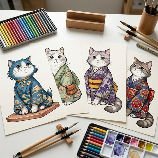 Kimono Cats Coloring Book – 99 Kawaii Japanese Pages (Digital Download)