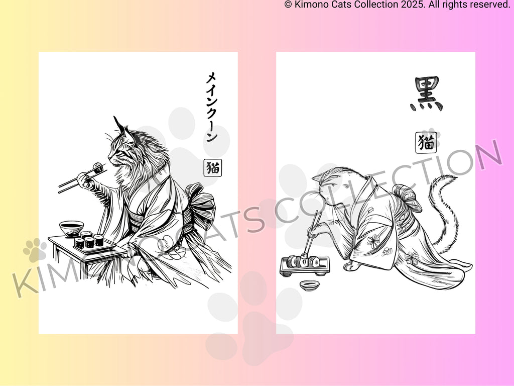 Two illustrations of cats in kimono on a gradient background with 'Kimono Cats Collection' branding.