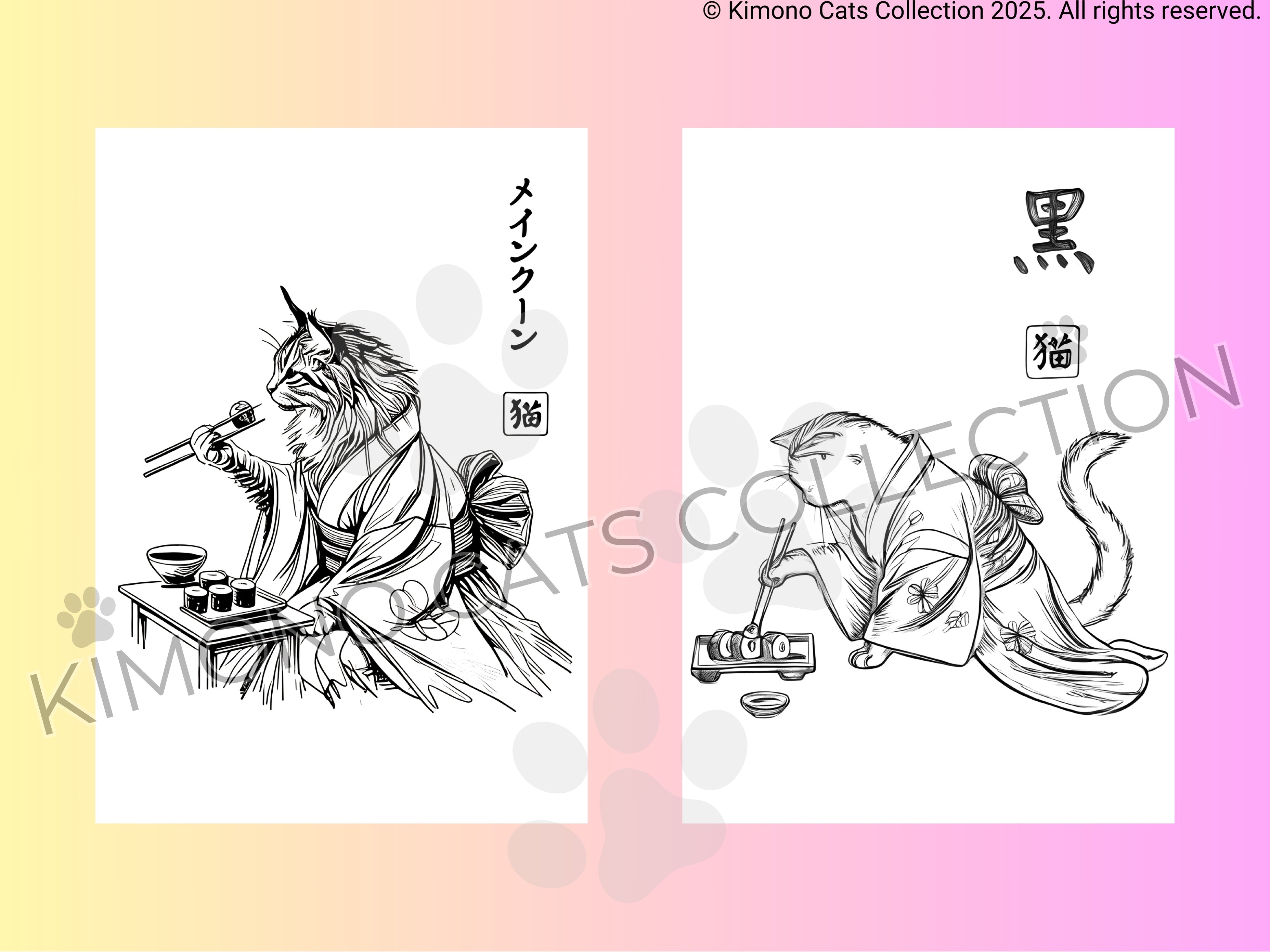 Two illustrations of cats in kimono on a gradient background with 'Kimono Cats Collection' branding.