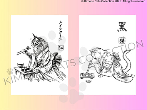 Two illustrations of cats in kimono on a gradient background with 'Kimono Cats Collection' branding.