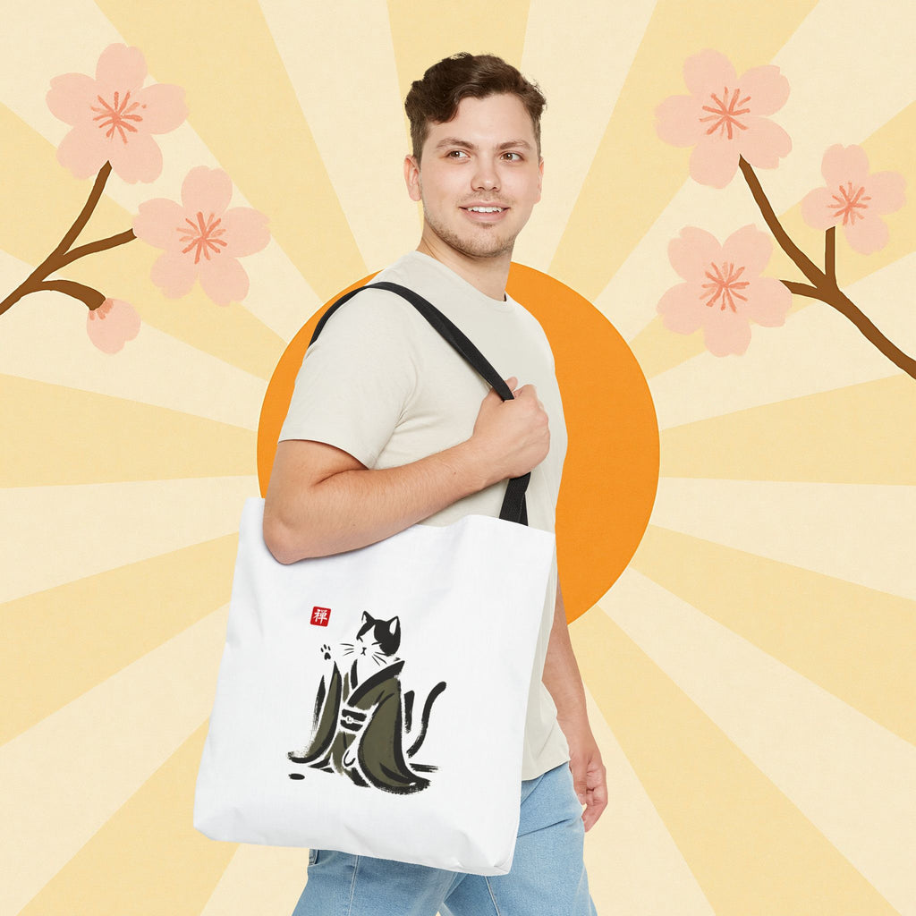 Zen Cat Tote Bag — Japanese Sumi-e Style Cat Illustration