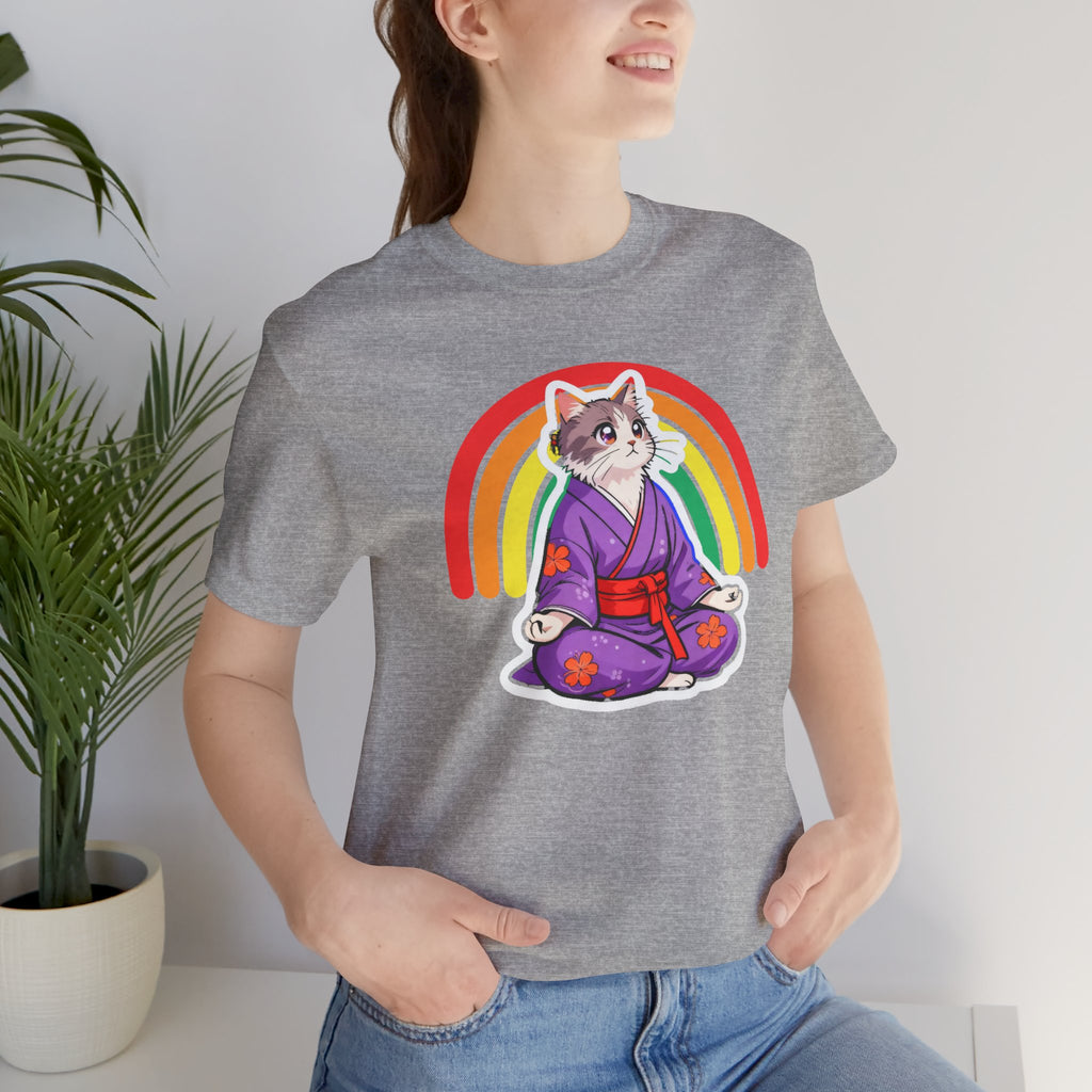 Rainbow Zen Cat Tee | Japanese Meditation Neko Kimono Shirt - Kimono Cats Collection