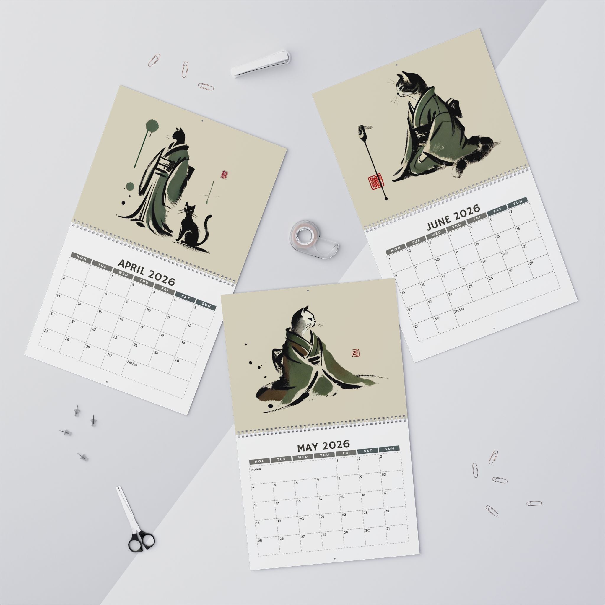 Silent Ink: Kimono Cats of Zen Japan, Sumi-e Cat Wall Calendar 2026