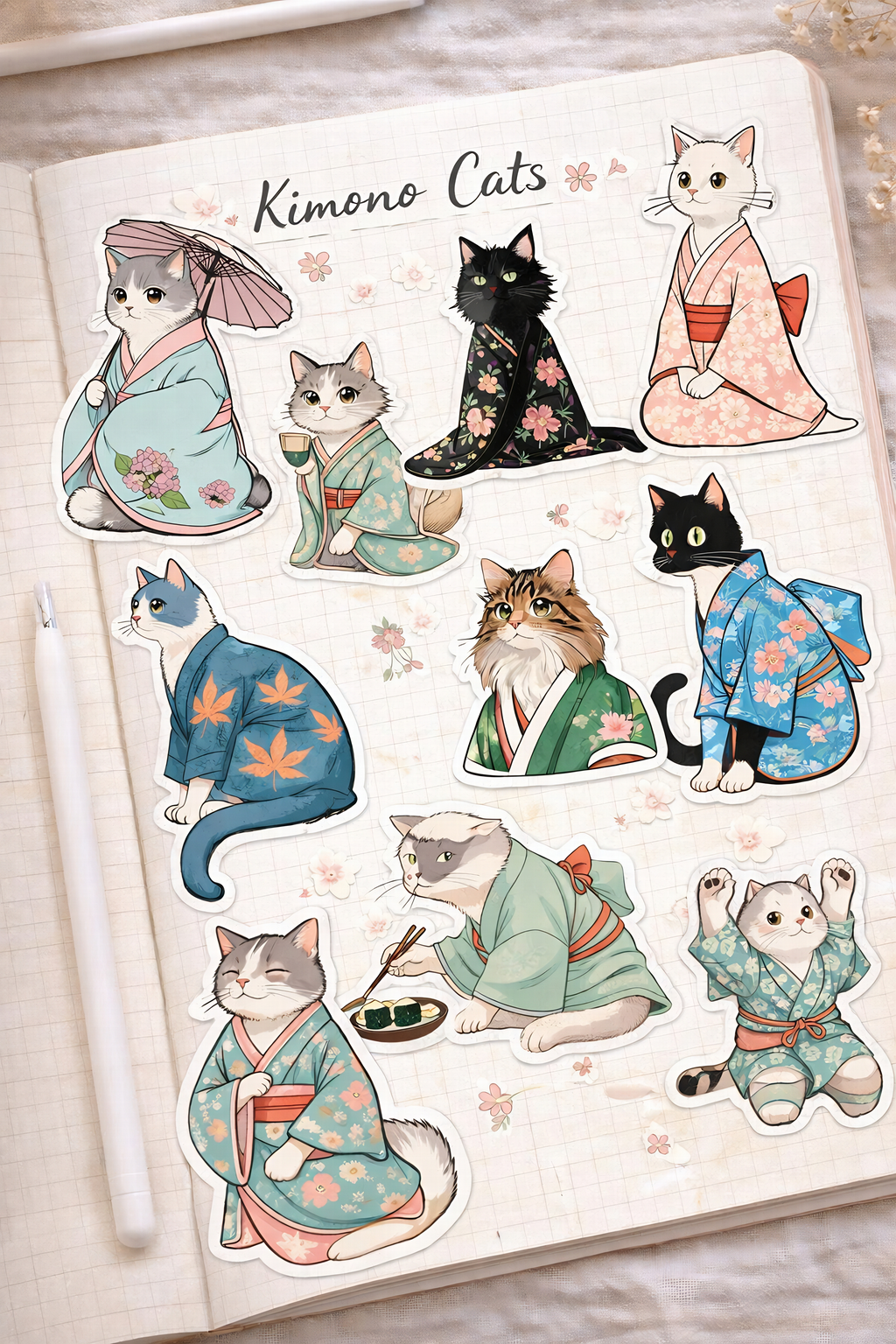 49 Bundle of Kimono Cat Stickers, Japanese Kawaii Clipart, Digital Planner PNG (Digital Download)