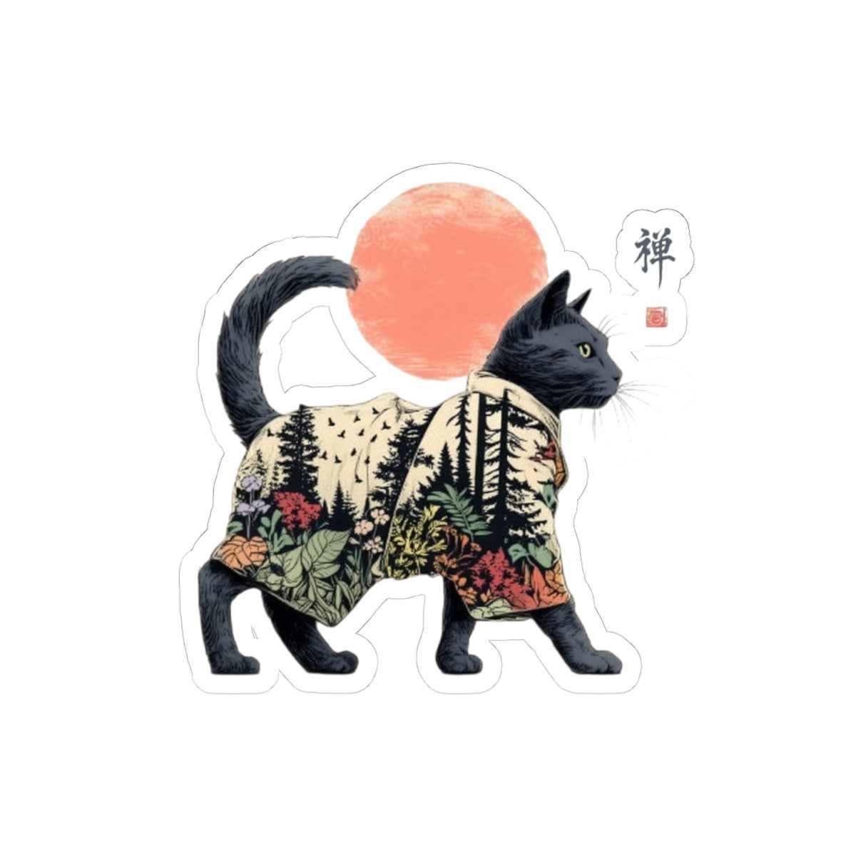 Black Cat with Forest Pattern Sticker | Kiss-Cut Vinyl Sticker