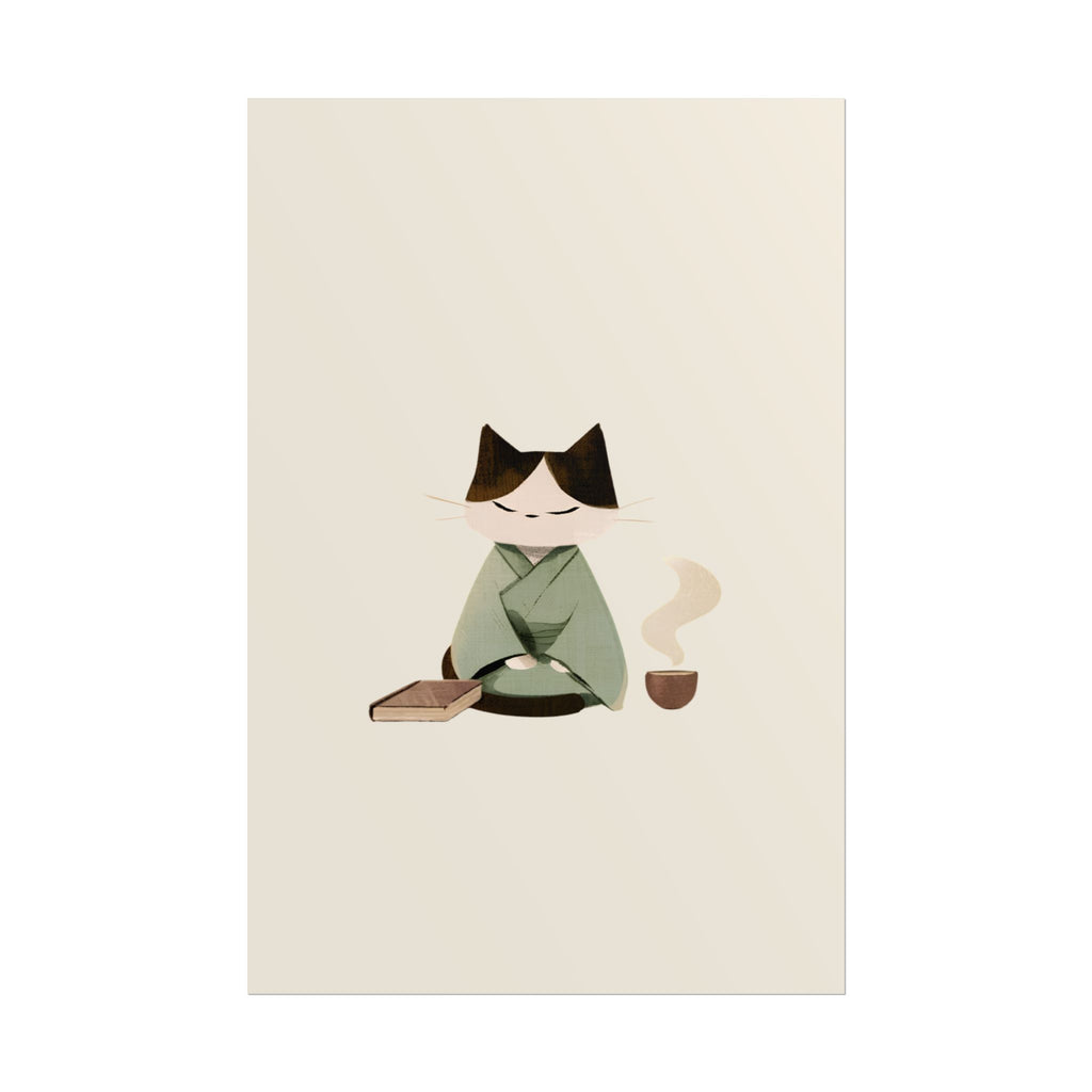 Zen Cat Tea Poster — Minimalist Rolled Art Print