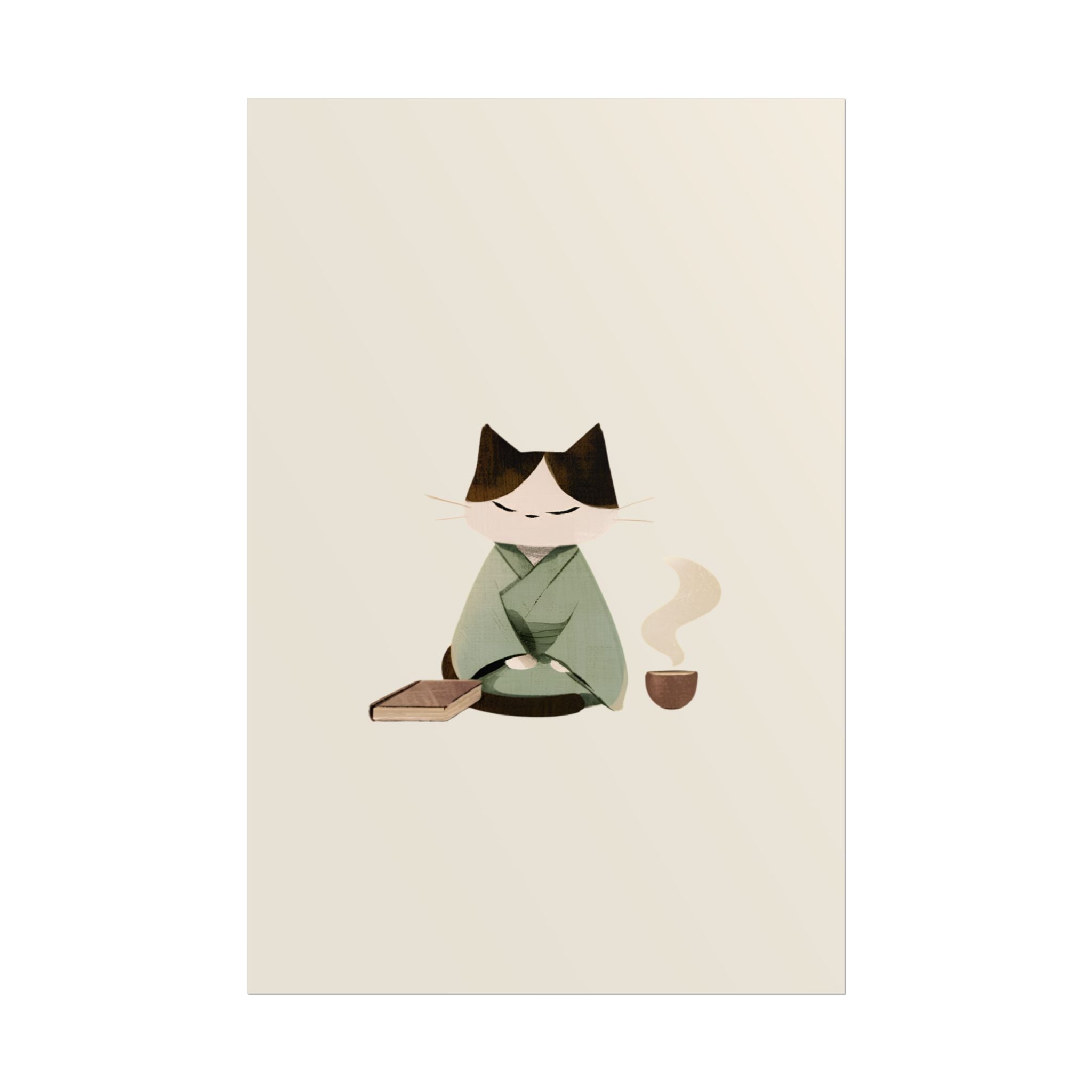 Zen Cat Tea Poster — Minimalist Rolled Art Print