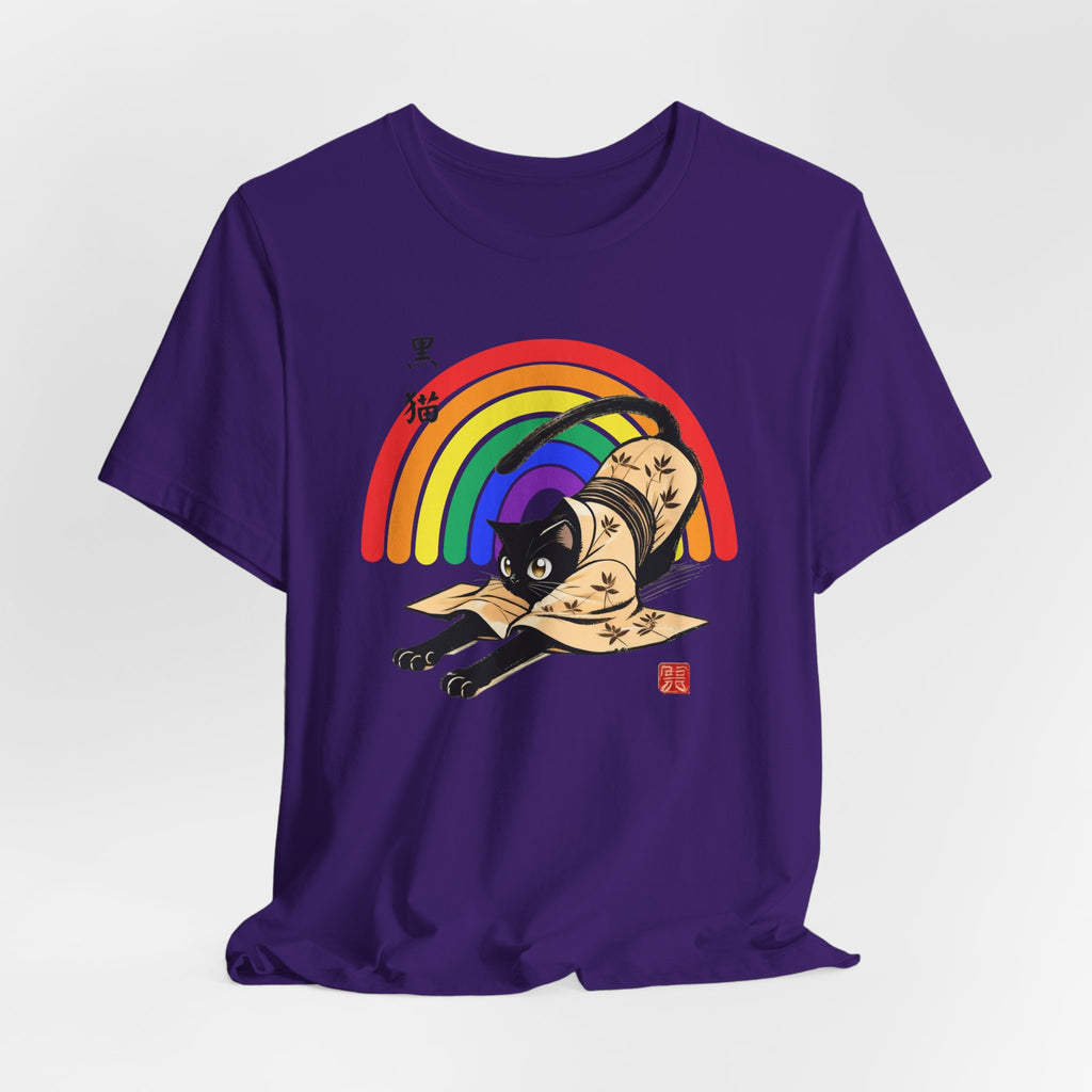 Rainbow Kuro Neko T-Shirt | Yoga Cat Shirt in Black Cat Kimono Design - Kimono Cats Collection