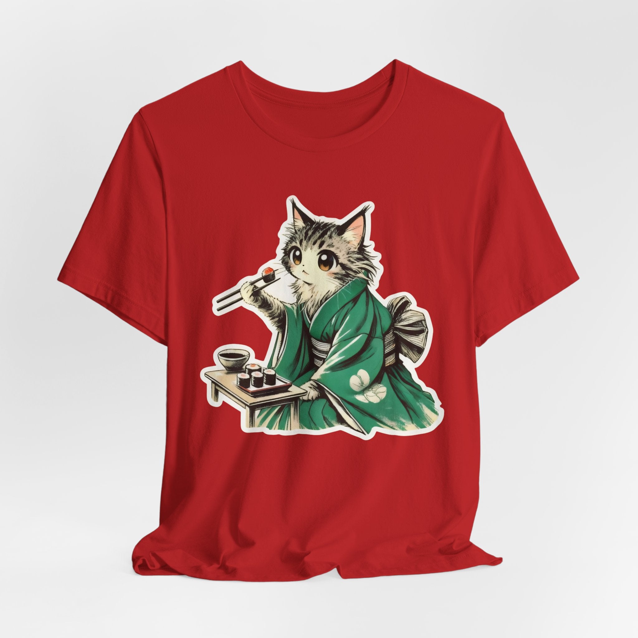 Kat Wearing Kimono Eating Sushi T-Shirt | Cute Japanese Cat Illustration
